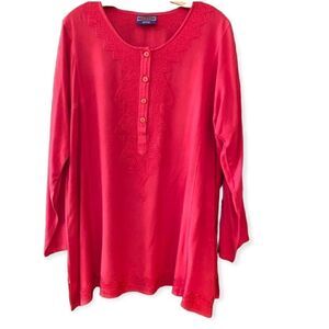 Fabulous Tomato Red Henley BOHO Relaxed Oversized Embroidered Long Sleeve Tunic